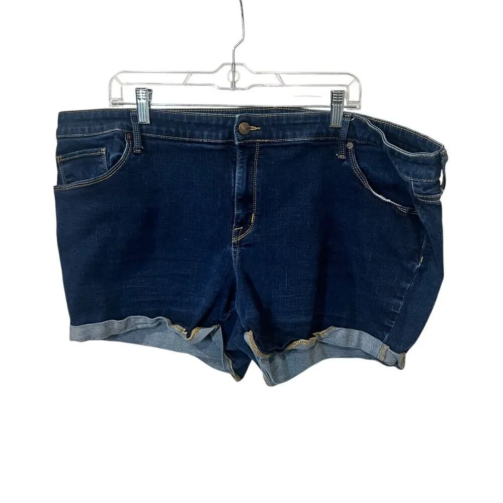 Ava & Viv Womens Dark Wash Denim Midi Shorts Size 24W With Rolled Hem & Pockets - Picture 1 of 5